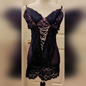90s Tiffany's Closet Black & Pink Lace Sheer Mesh Lingerie Slip Dress w Lace Up